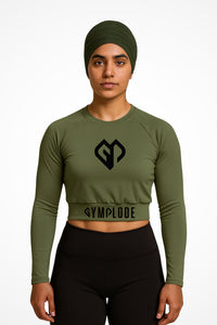 Womens Khaki long sleeve sports crop top with Gymplode dual mark, front view with model