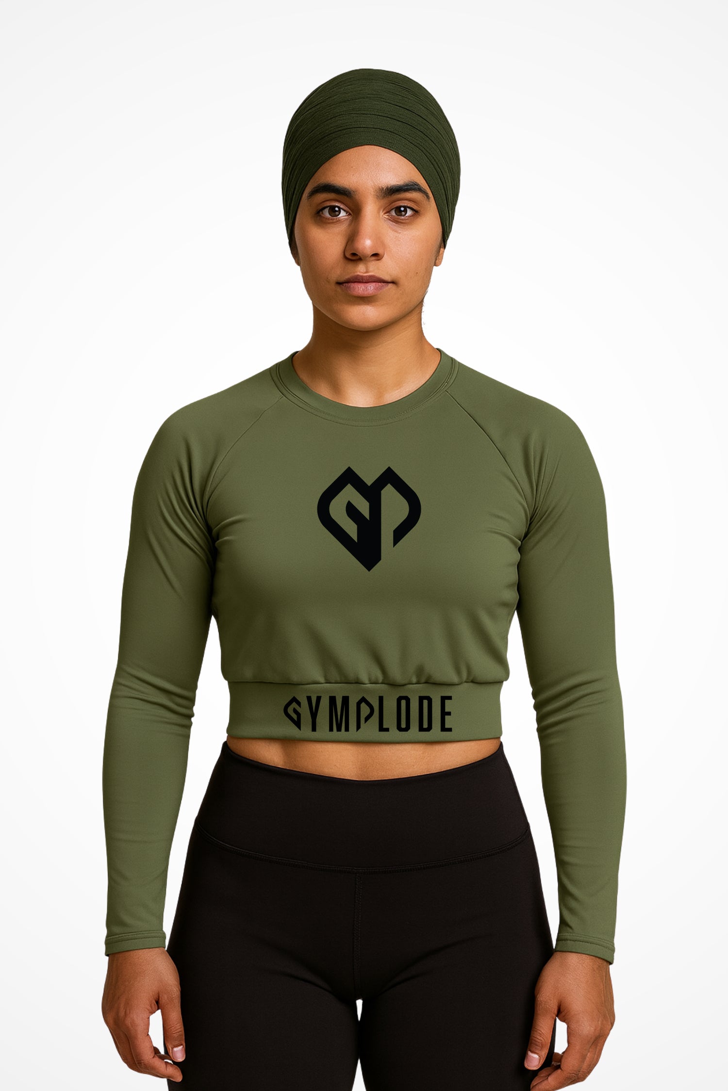 Womens Khaki long sleeve sports crop top with Gymplode dual mark, front view with model