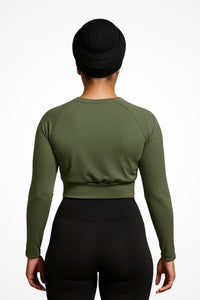 Womens Gymplode Khaki long sleeve sports crop top with no print, back view with model