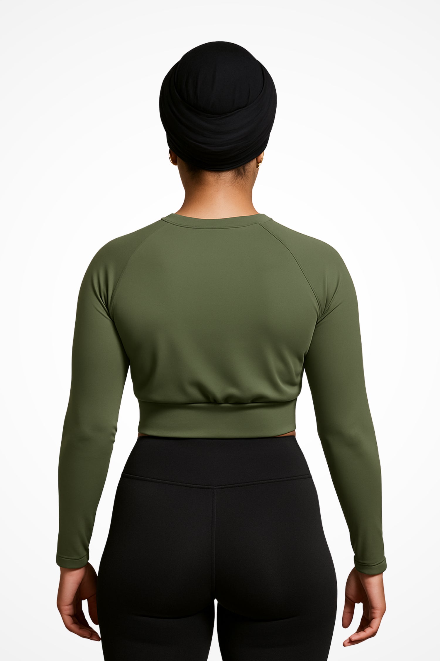 Womens Gymplode Khaki long sleeve sports crop top with no print, back view with model