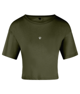 Olive green TriDri® womens activewear crop top t-shirt with Gymplode icon logo