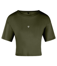 Olive green TriDri® womens activewear crop top t-shirt with Gymplode icon logo