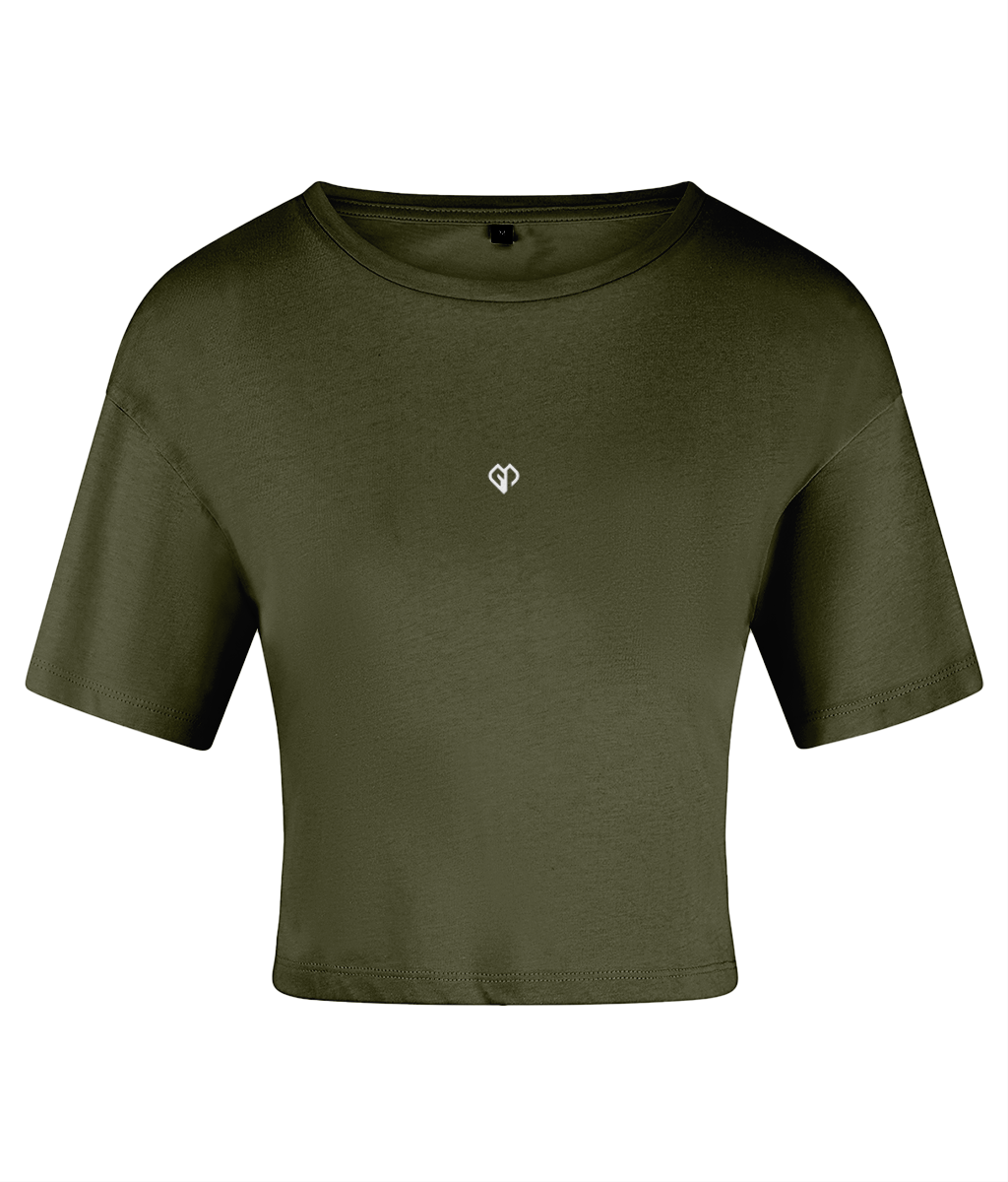 Olive green TriDri® womens activewear crop top t-shirt with Gymplode icon logo