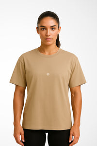 Womens Oversized Vintage unisex t-shirt with Gymplode iconic imprint, front view with model