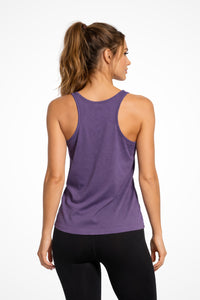 Womens Prismatic relaxed fit tank top with Gymplode signature logo, back view with model