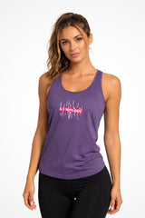 Womens Prismatic relaxed fit tank top with Gymplode signature logo, front view with model
