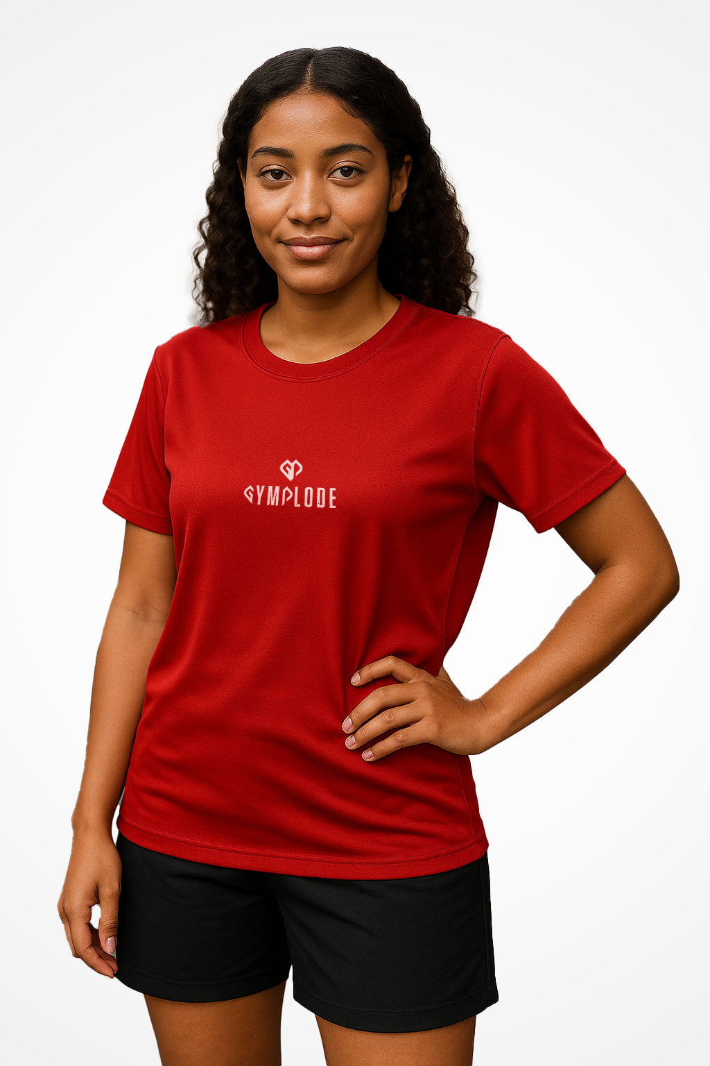 Womens Push The Limits sports t-shirt with Gymplode dual mark, front view with model