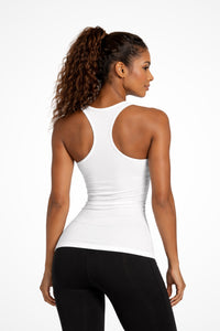 Womens Gymplode Retro girlie fit racerback tank top with no print, back view with model