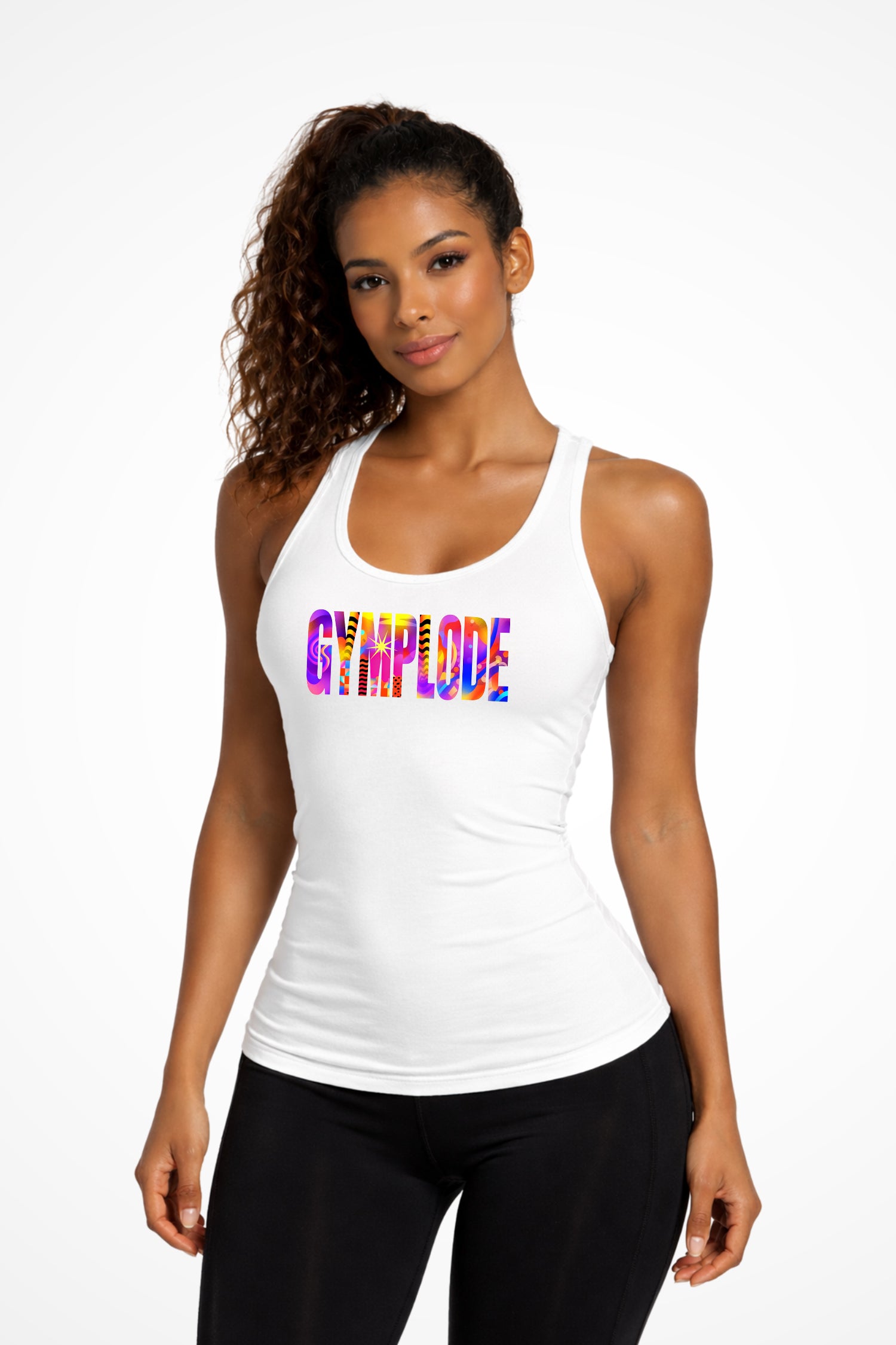 Womens Retro girlie fit racerback tank top with Gymplode sig logo, front view with model