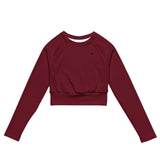 Womens Rouge long sleeve sports crop top with Gymplode icon logo, front view