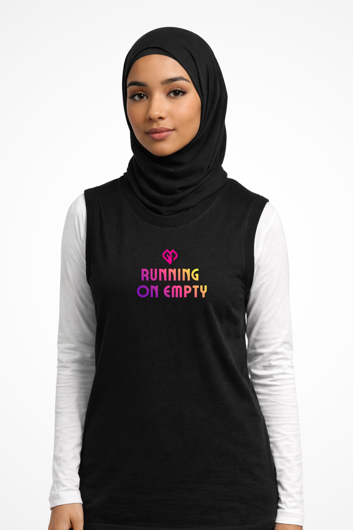 Womens Running on Empty comfort fit tank top with Gymplode icon logo, front view with model