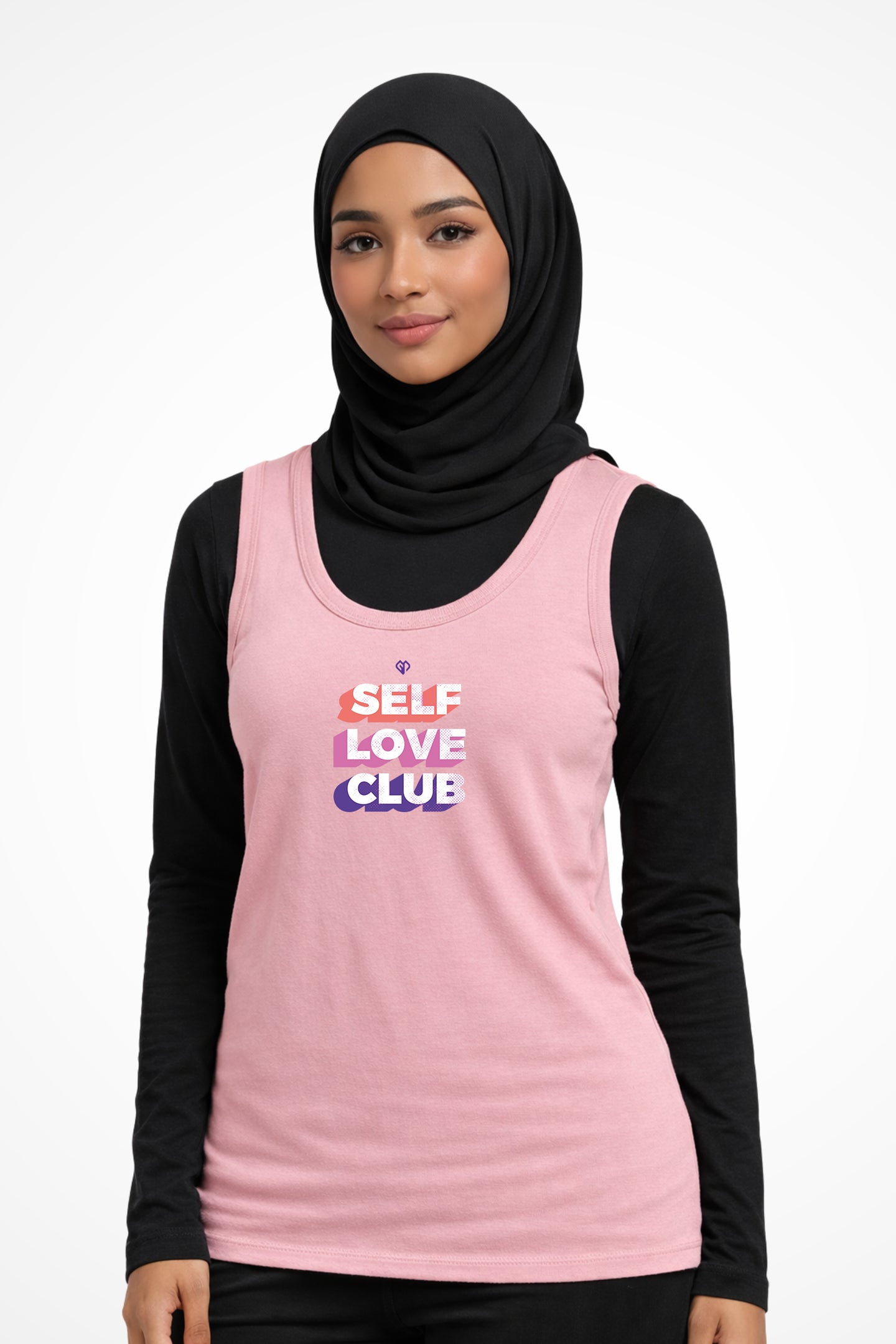 Womens Self Love Club girlie fit tank top with Gymplode icon logo, front view with model