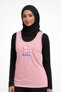 Womens Self Love Club girlie fit tank top with Gymplode icon logo, front view with model