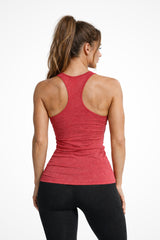 Womens Gymplode Sweat in Style racerback tank top with no print, back view with model