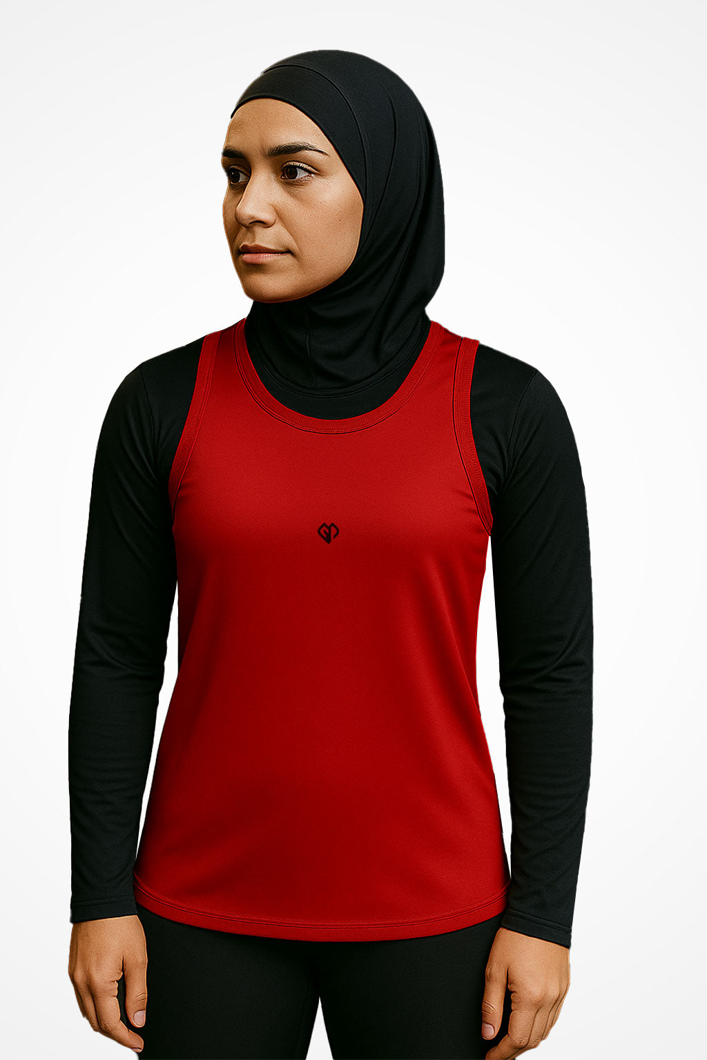 Womens TriDri® recycled racerback vest with Gymplode icon imprint, front view with model