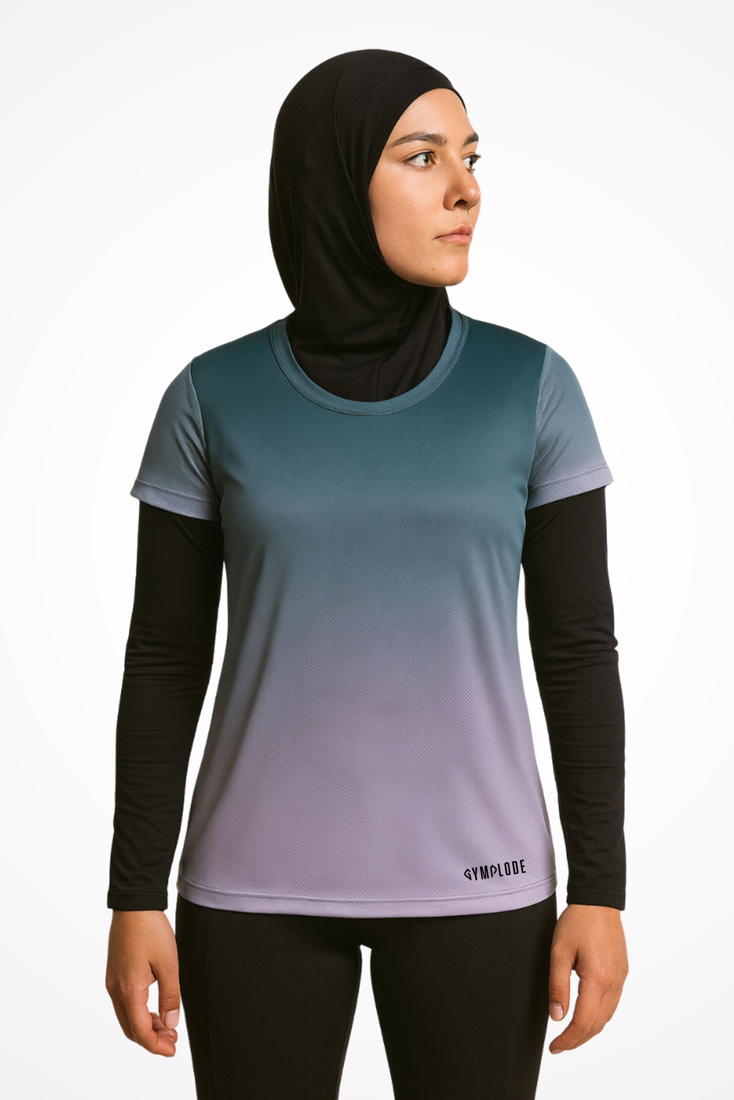 Womens Twilight regular fit sports t-shirt with Gymplode signature logo, front view with model