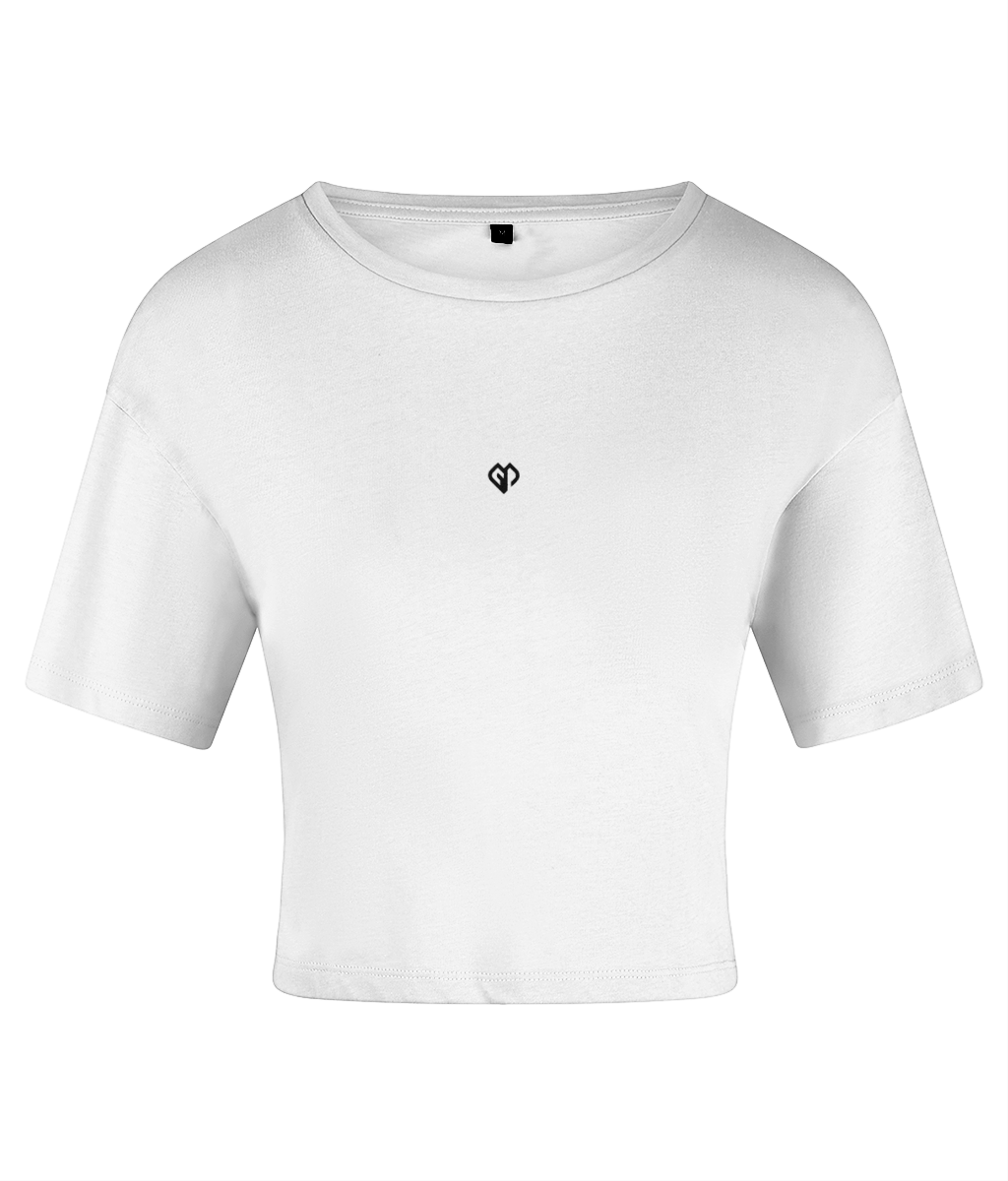 White TriDri® womens activewear crop top t-shirt with Gymplode icon logo