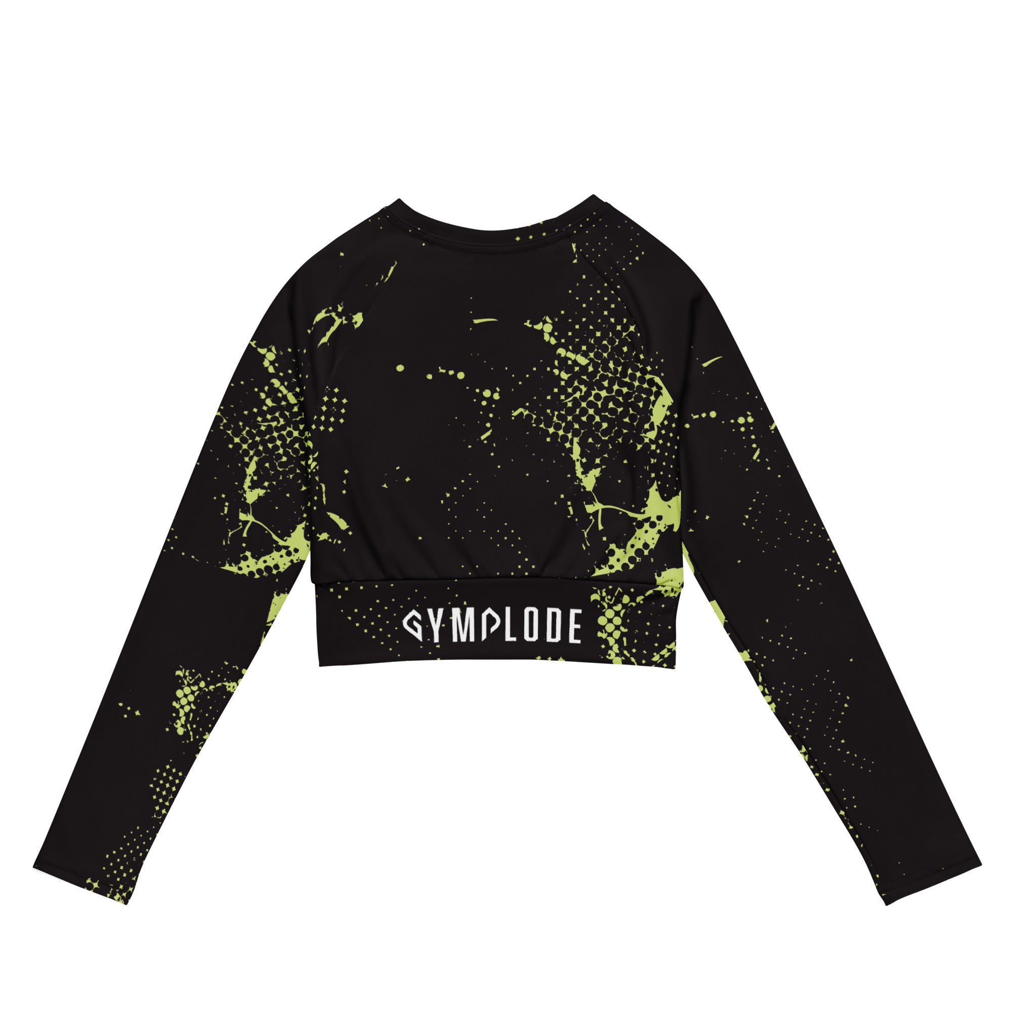 Womens Zesty long sleeve sports crop top with Gymplode sig logo, back view