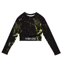 Womens Zesty long sleeve sports crop top with Gymplode sig logo, front view