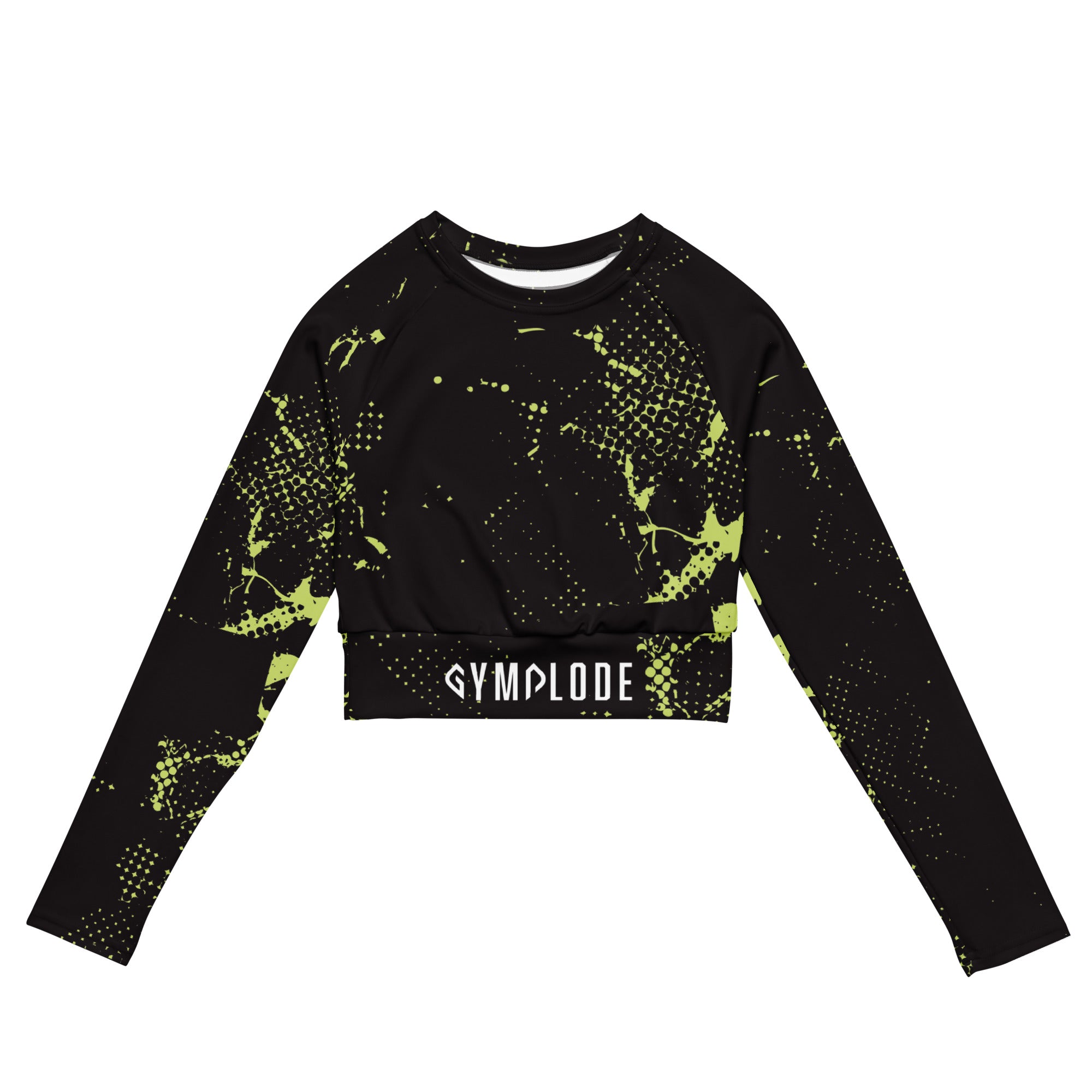 Womens Zesty long sleeve sports crop top with Gymplode sig logo, front view