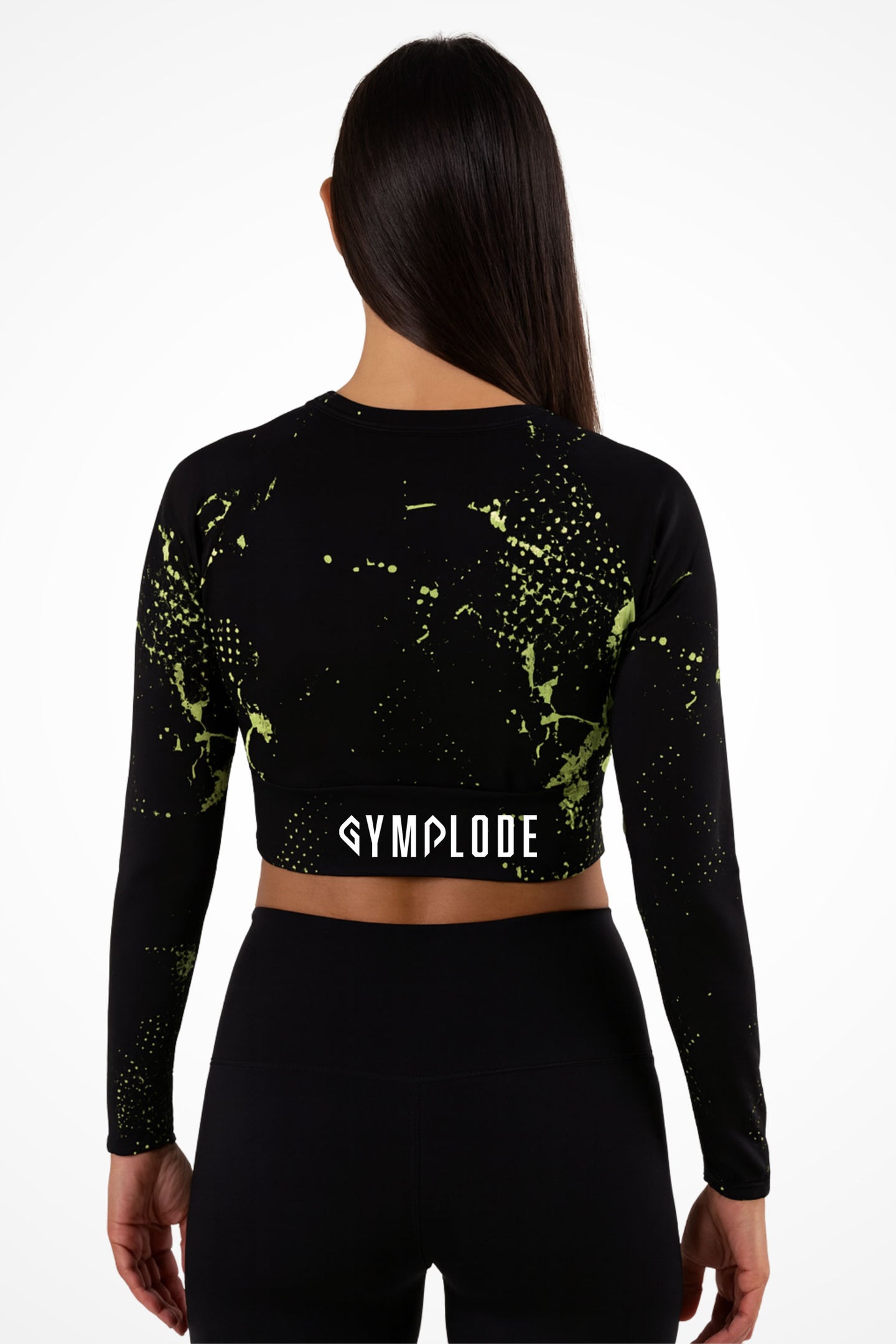 Womens Zesty long sleeve sports crop top with Gymplode sig logo, back view with model