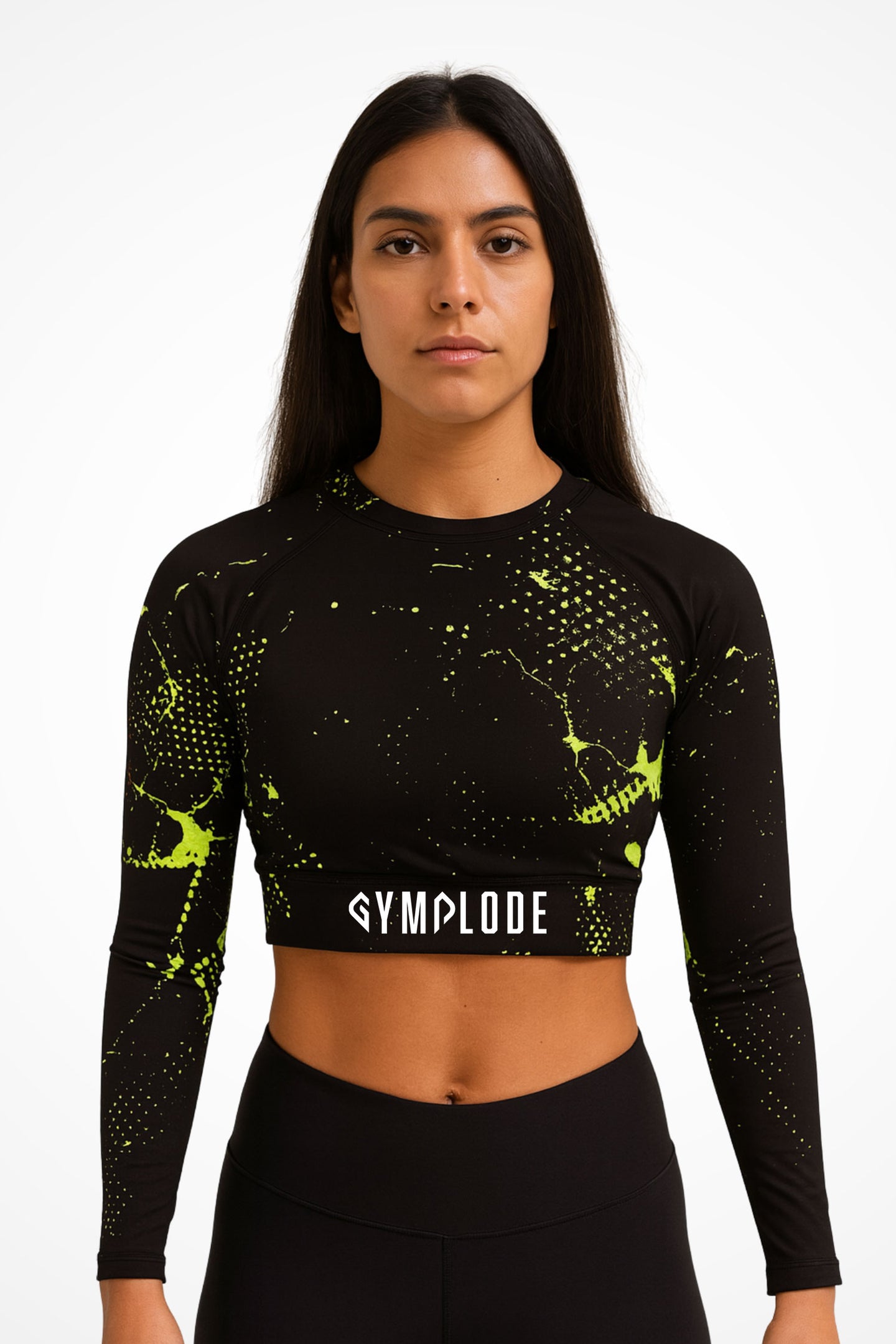 Womens Zesty long sleeve sports crop top with Gymplode sig logo, front view with model