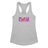 Womens heather gray Retro girlie fit racerback tank top with Gymplode sig logo