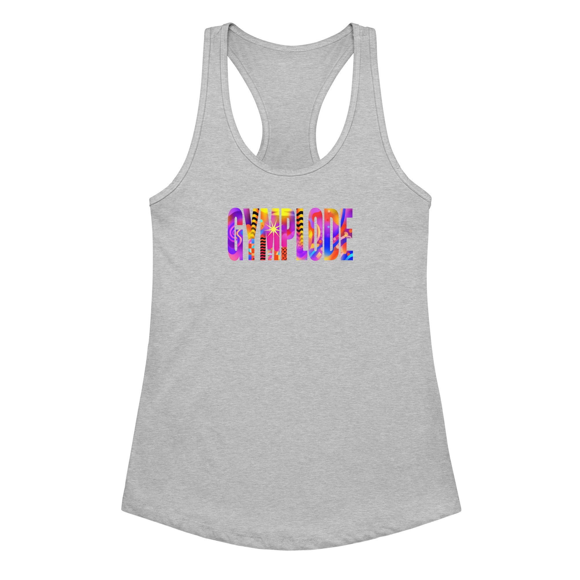 Womens heather gray Retro girlie fit racerback tank top with Gymplode sig logo