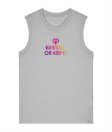 Womens heather grey Running on Empty comfort fit tank top with Gymplode icon logo