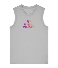 Womens heather grey Running on Empty comfort fit tank top with Gymplode icon logo