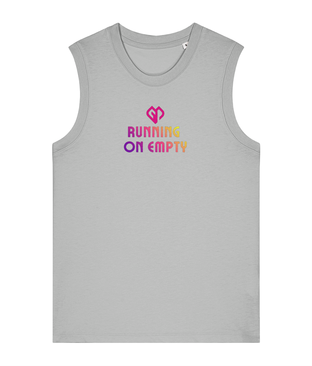 Womens heather grey Running on Empty comfort fit tank top with Gymplode icon logo