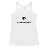 Womens heather white Sweat in Style racerback tank top with Gymplode icon logo