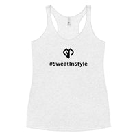 Womens heather white Sweat in Style racerback tank top with Gymplode icon logo