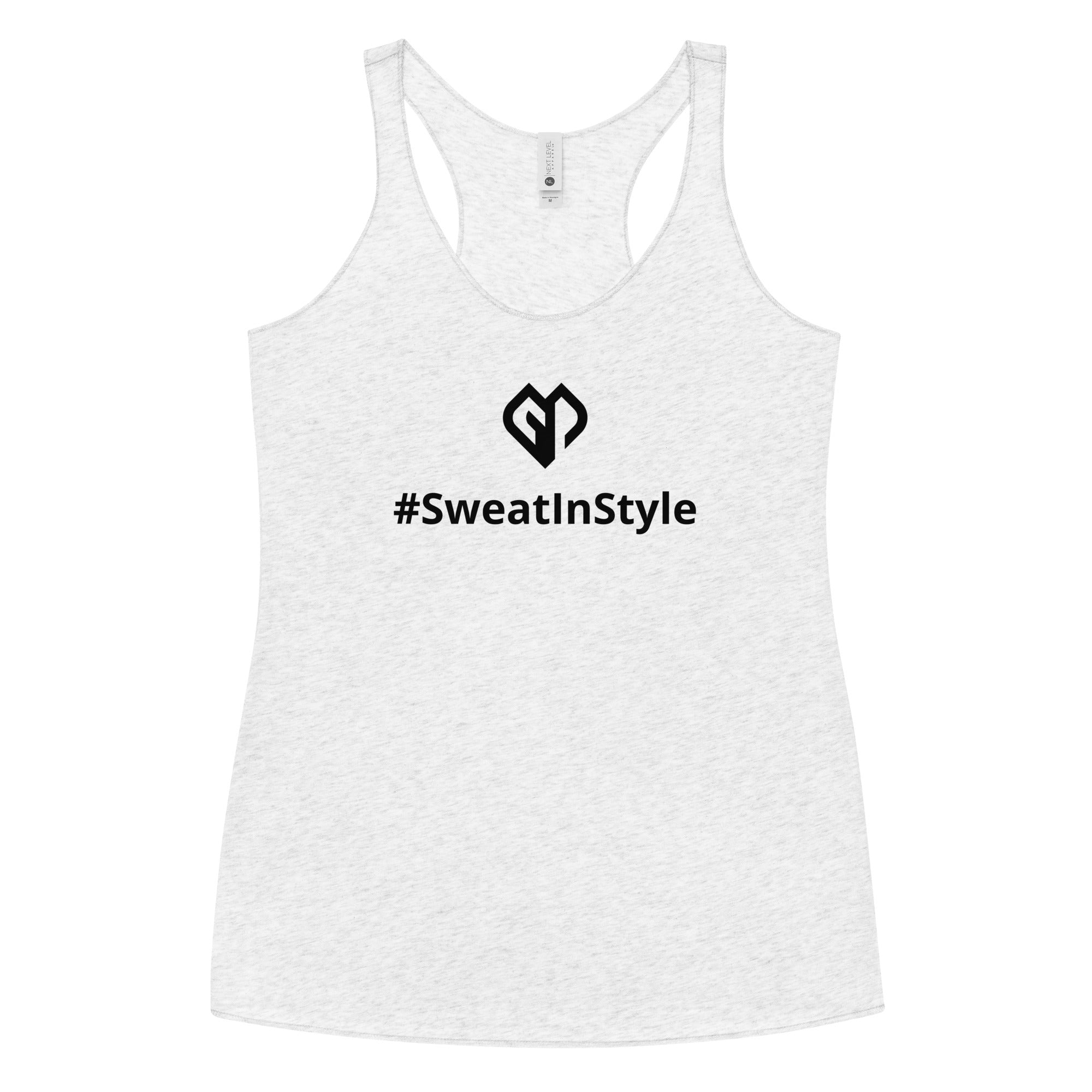 Womens heather white Sweat in Style racerback tank top with Gymplode icon logo
