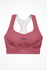 Womens hippie pink longline sports bra with Gymplode dual mark logo, front view