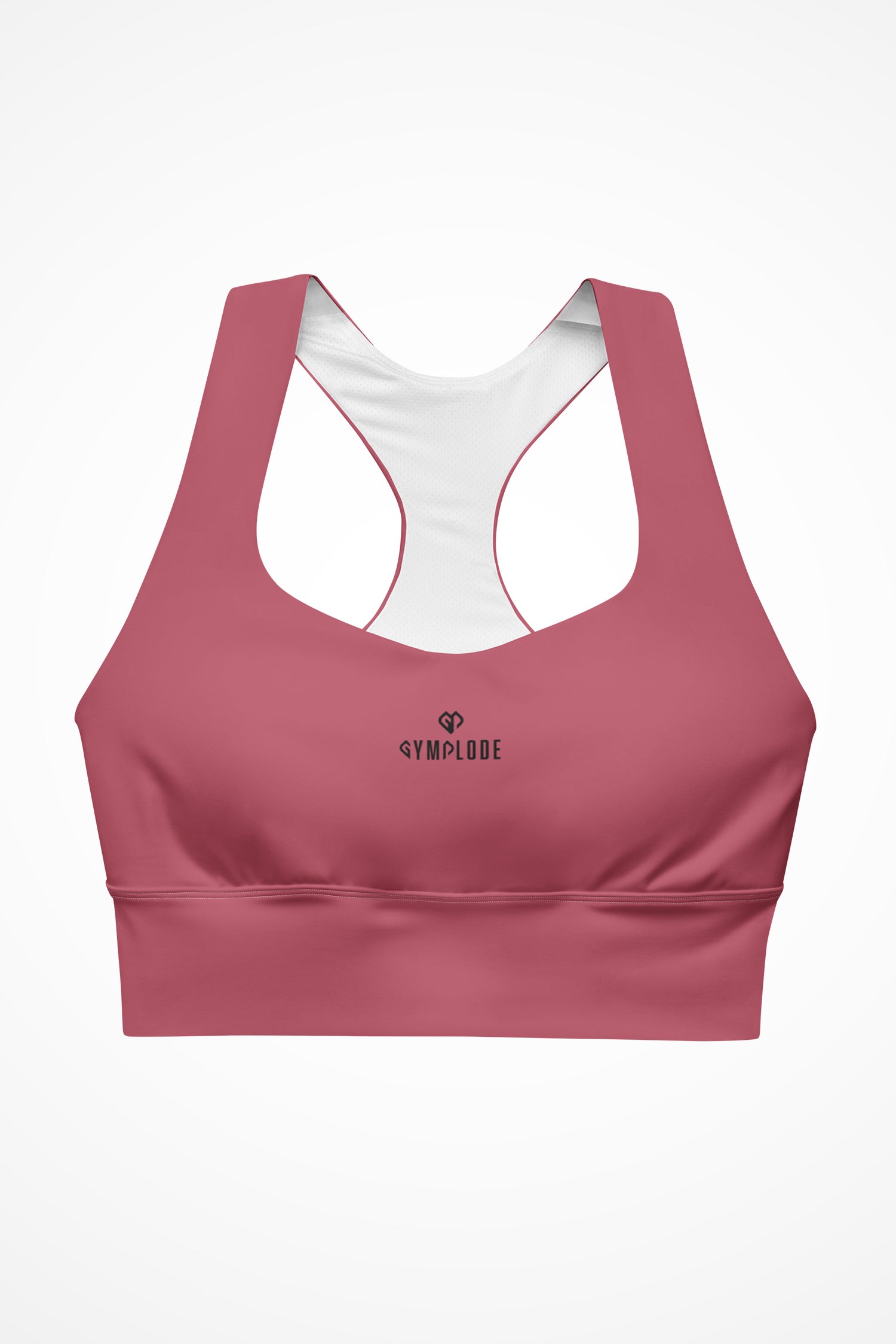 Womens hippie pink longline sports bra with Gymplode dual mark logo, front view