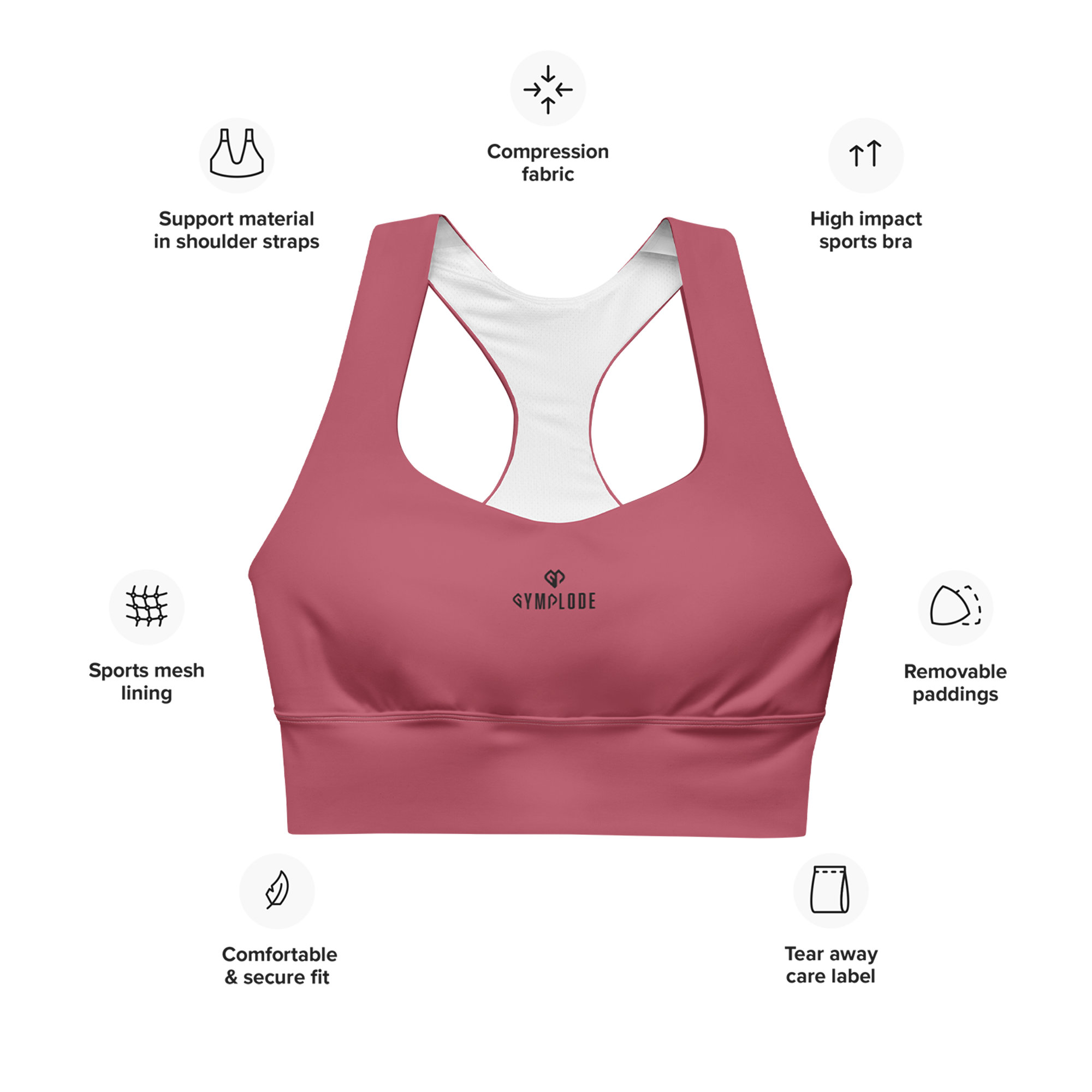 Womens hippie pink Gymplode longline sports bra key features