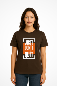 Womens Just Don't Quit relaxed fit t-shirt with Gymplode iconic imprint, front view with model