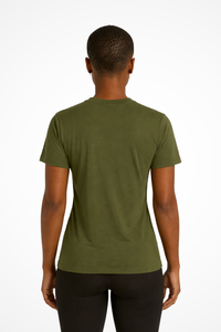 Womens Military Style Gymplode t-shirt with no print, back view with model
