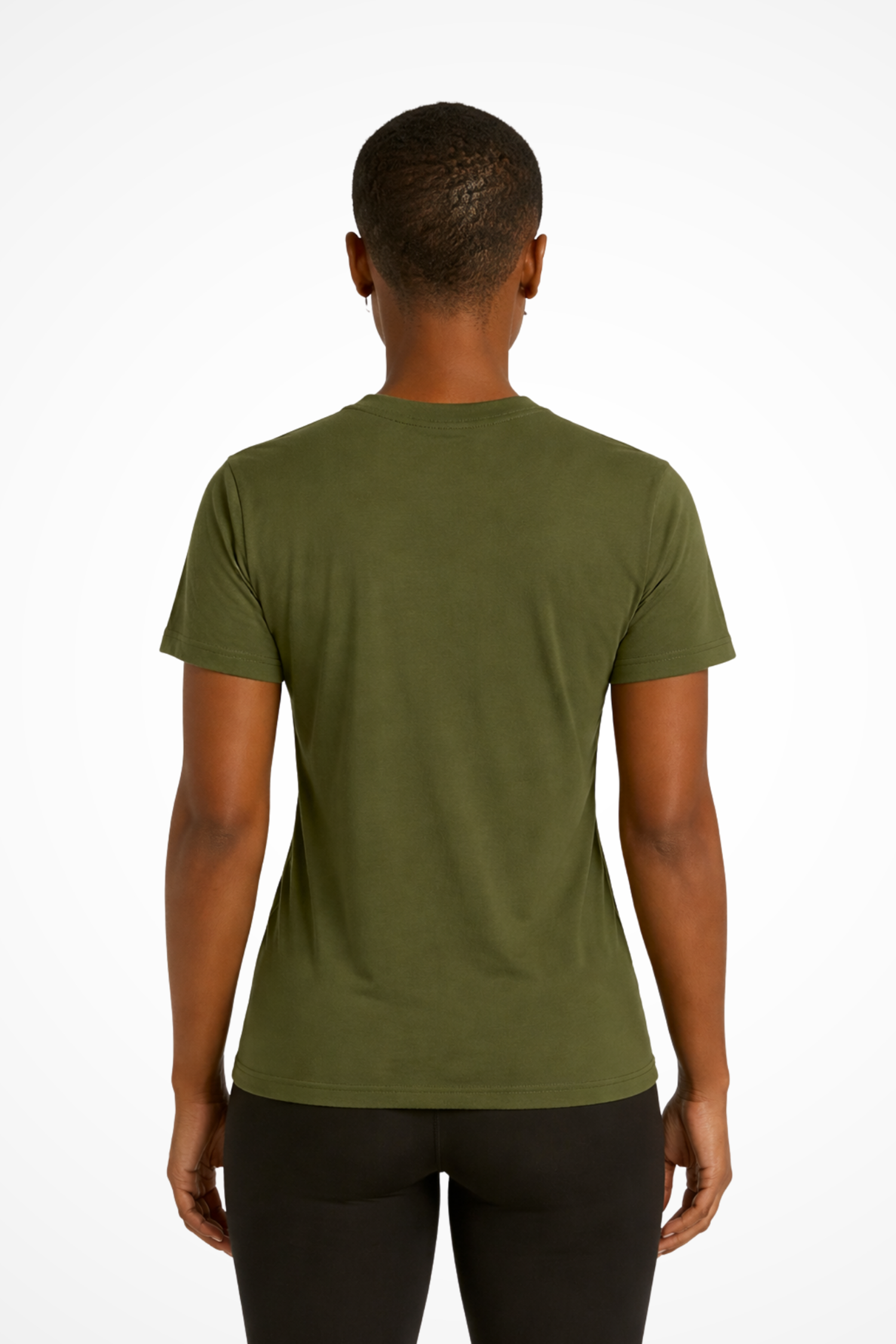 Womens Military Style Gymplode t-shirt with no print, back view with model
