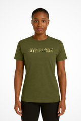 Womens Military Style t-shirt with Gymplode signature logo imprint, front view with model
