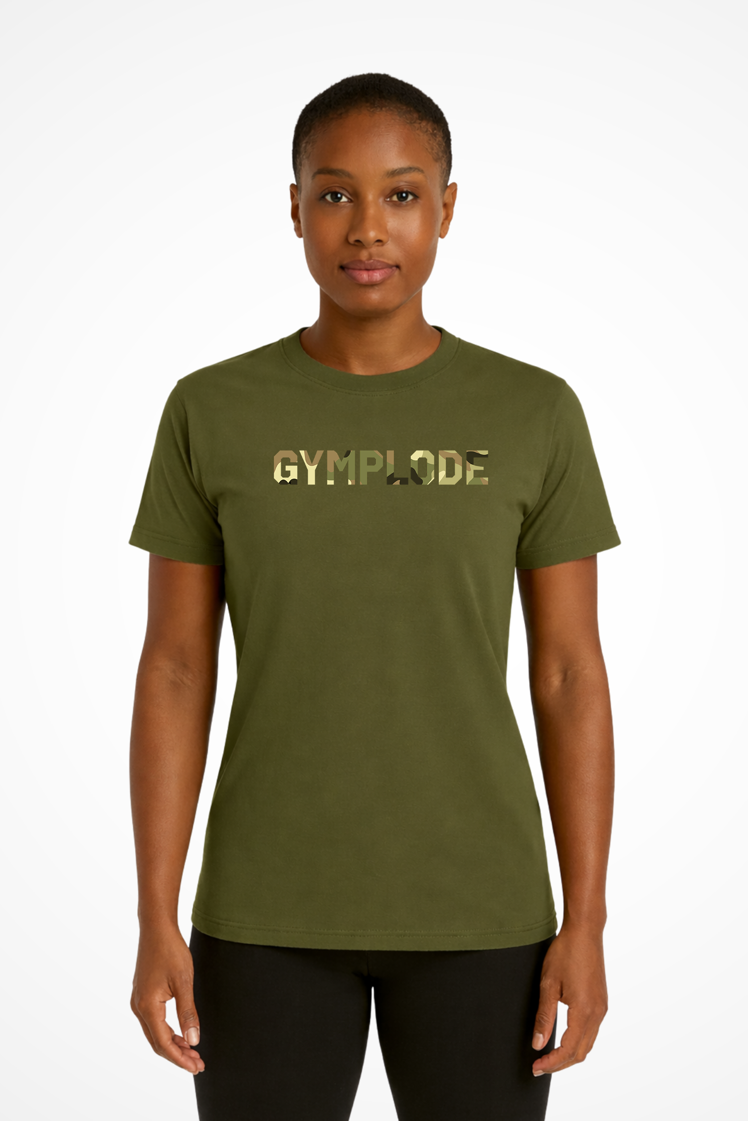 Womens Military Style t-shirt with Gymplode signature logo imprint, front view with model
