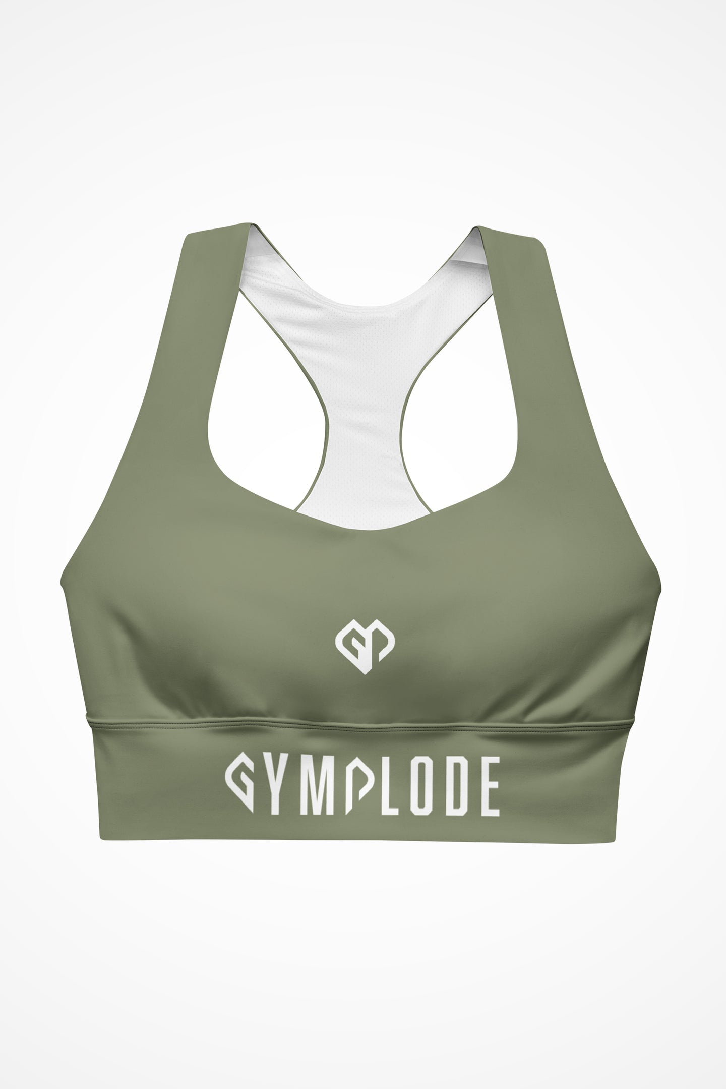 Womens moss green longline sports bra with Gymplode dual mark logo, front view