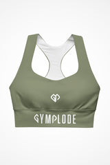 Womens moss green longline sports bra with Gymplode dual mark logo, front view
