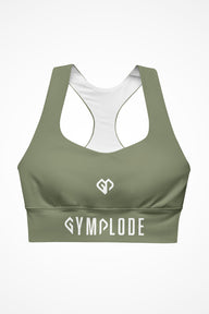 Womens moss green longline sports bra with Gymplode dual mark logo, front view