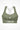 Womens moss green longline sports bra with Gymplode dual mark logo, front view