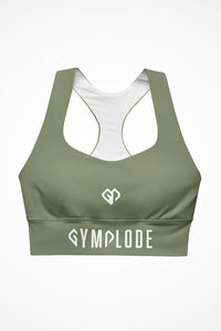 Womens moss green longline sports bra with Gymplode dual mark logo, front view
