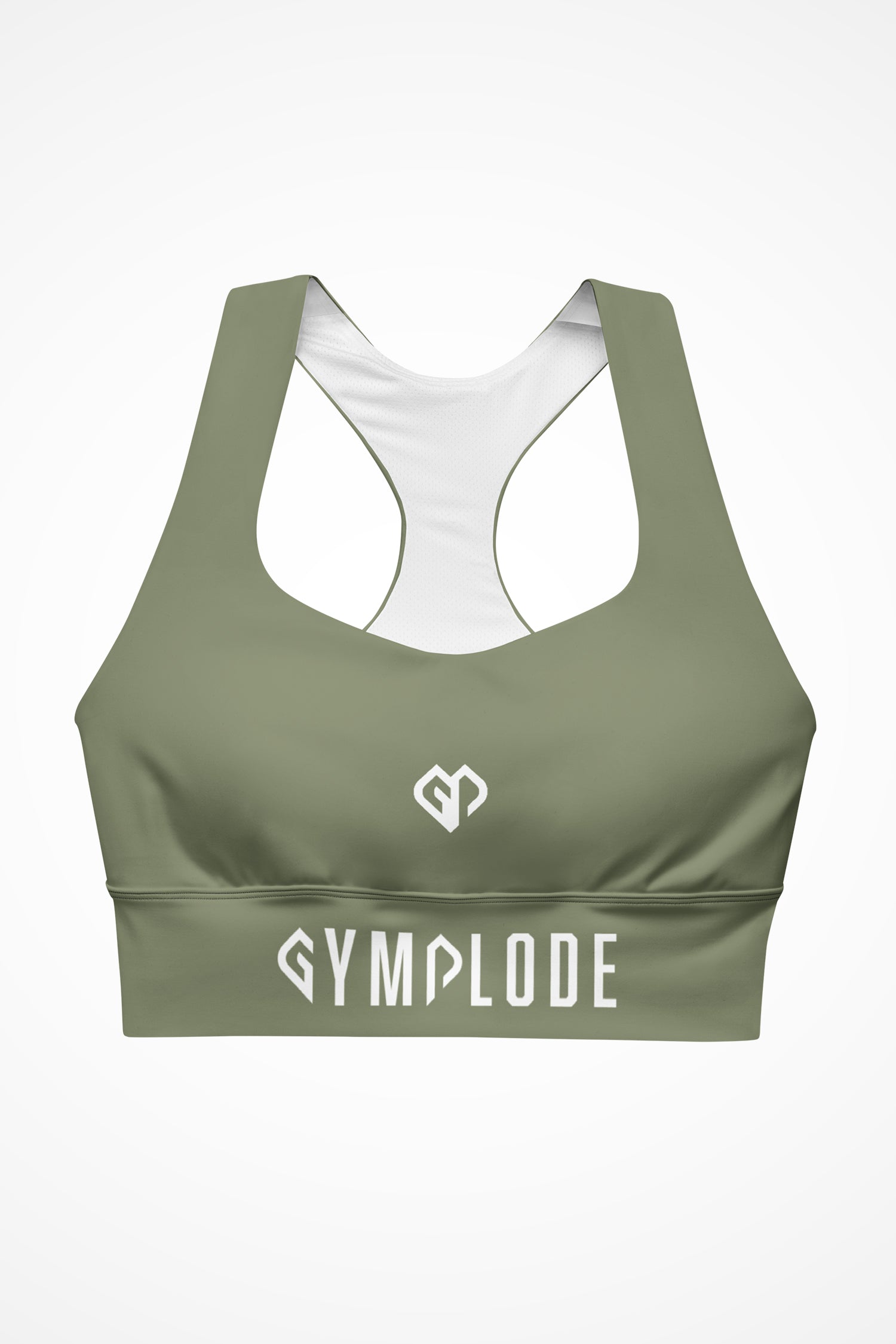 Womens moss green longline sports bra with Gymplode dual mark logo, front view
