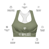 Womens moss green Gymplode longline sports bra key features