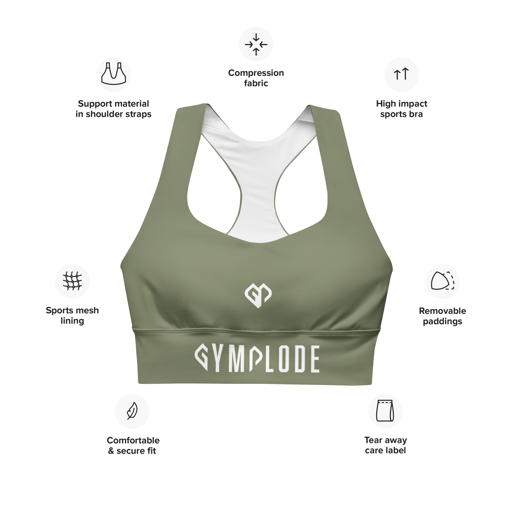Womens moss green Gymplode longline sports bra key features